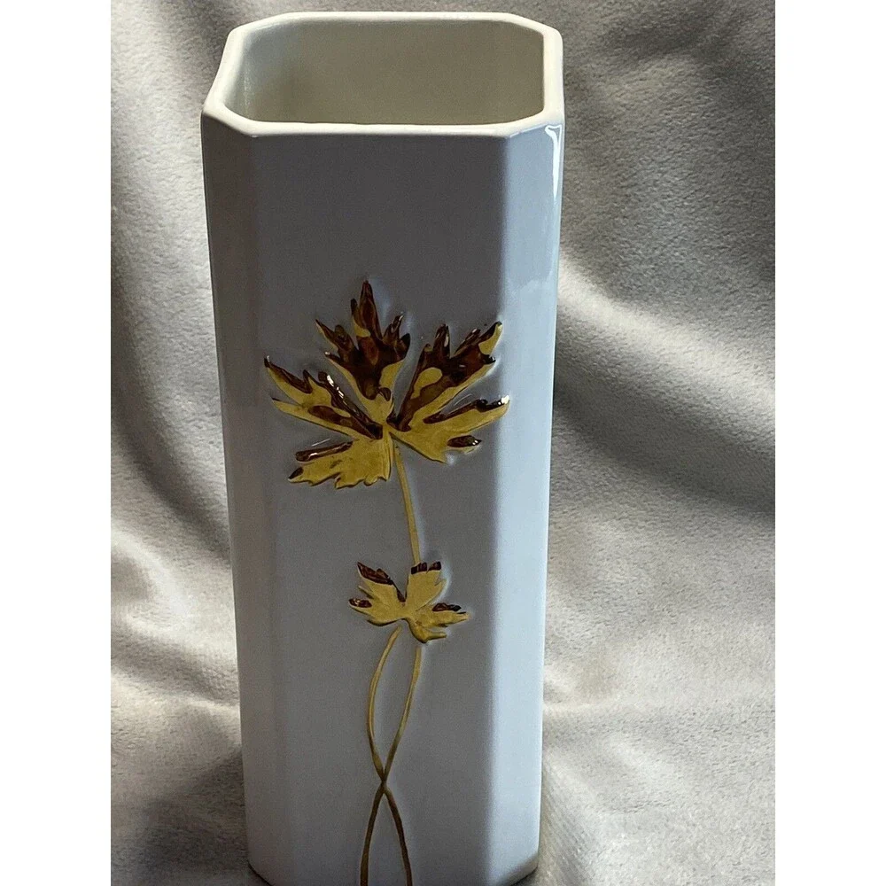 MCM Vase Gold and White Leaves  Made In ITALY 9” Tall Square Ceramic